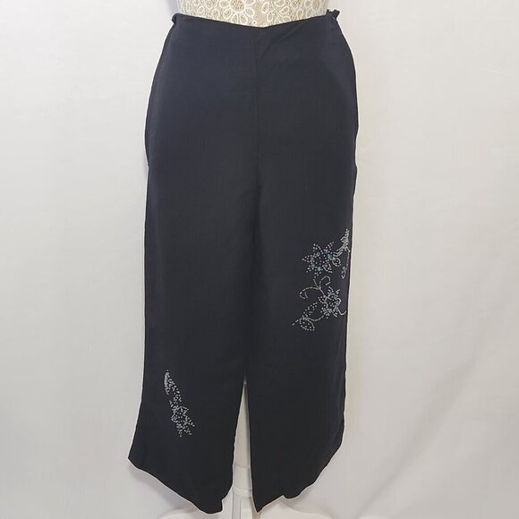 Larry Levine Women 8P Black Linen Blend Floral Beaded Crop Pant Side Zip Casual - Picture 1 of 16